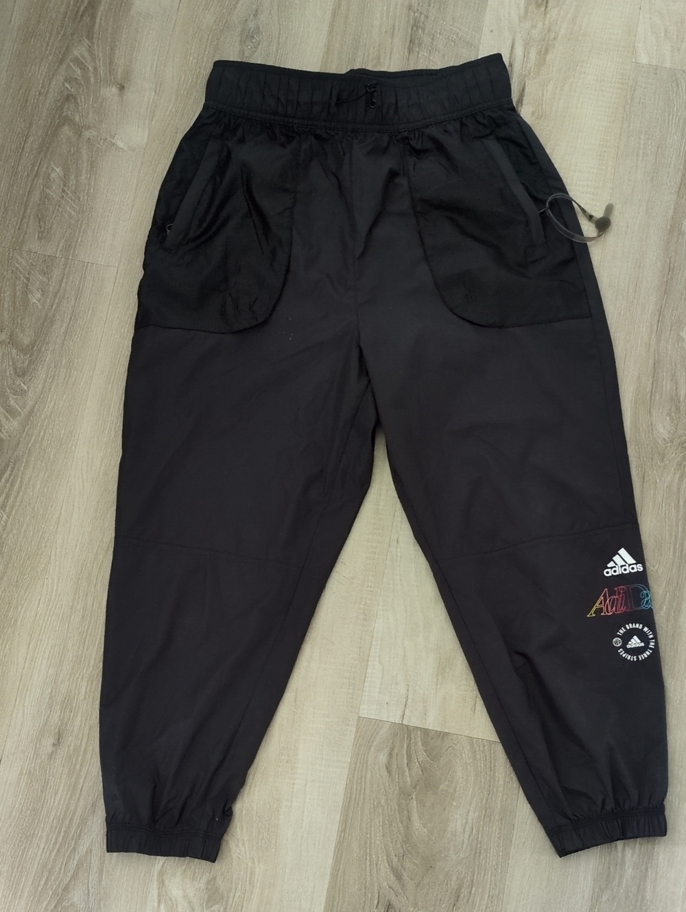 adidas Black Track Pants with Multi-Color Leg Graphics And Bracelet